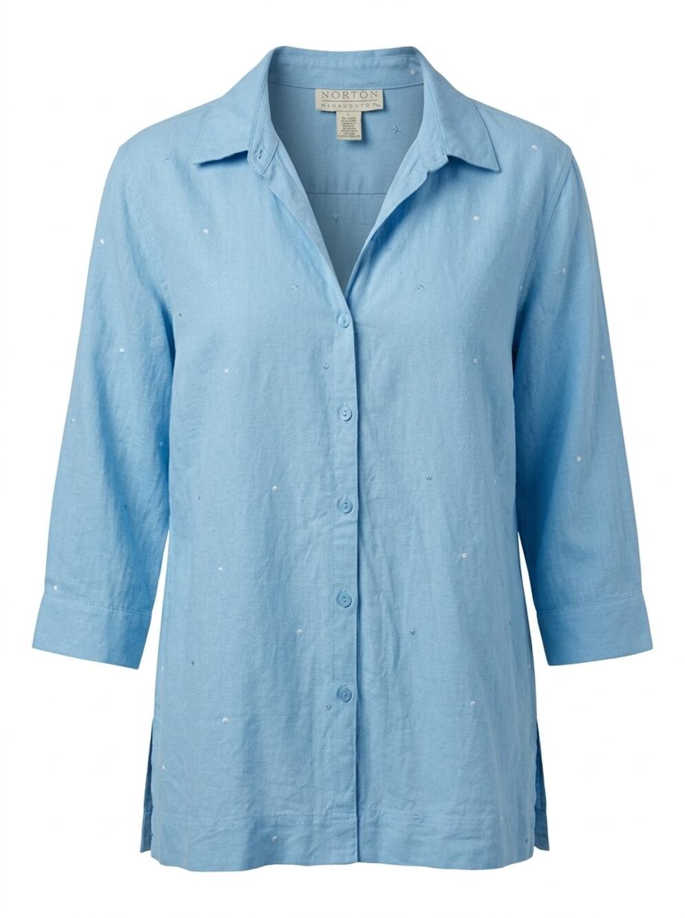 Norton McNaughton Linen Blend Blue Embroidered Button-Up Shirt Women Size L
